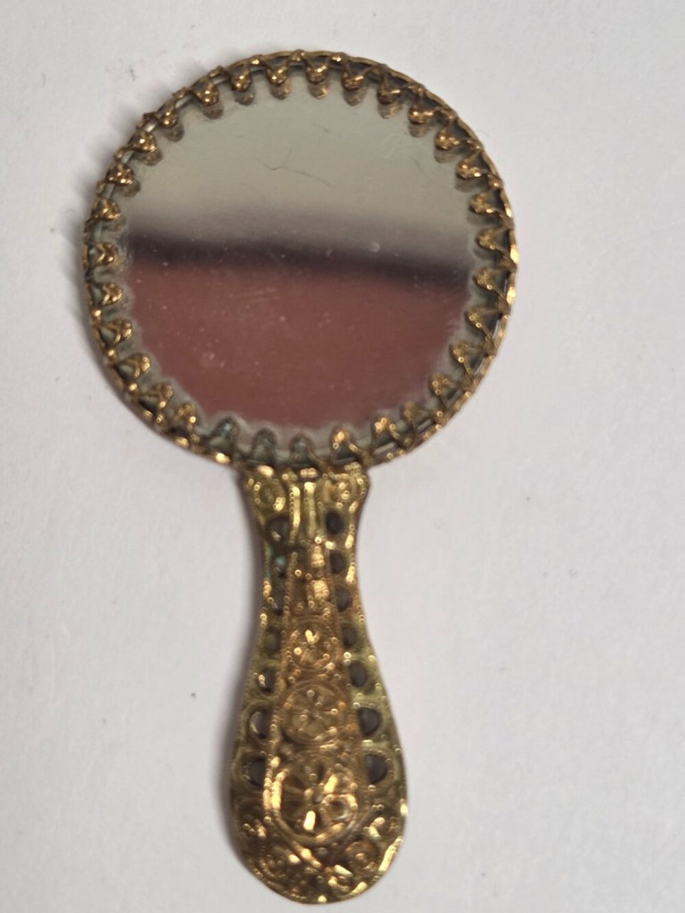 Vintage Petit Point Purse Mirror Brass Filigree Embroidered Pocket Hand Mirror C